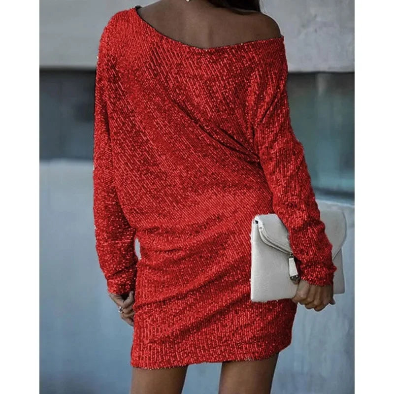 Back view with boat neckline, long sleeves and above-knee hem