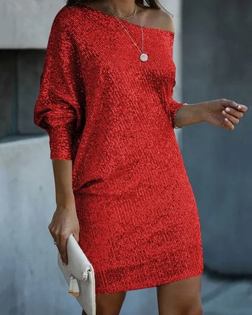 Front view with boat neckline, long sleeves and above-knee hem, red