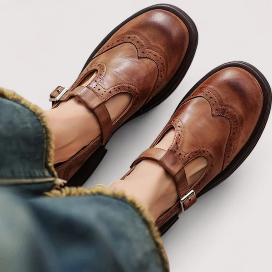 Calistoga | Women’s Buckle Strap Round Toe Brogue Detail Mary Jane Shoes