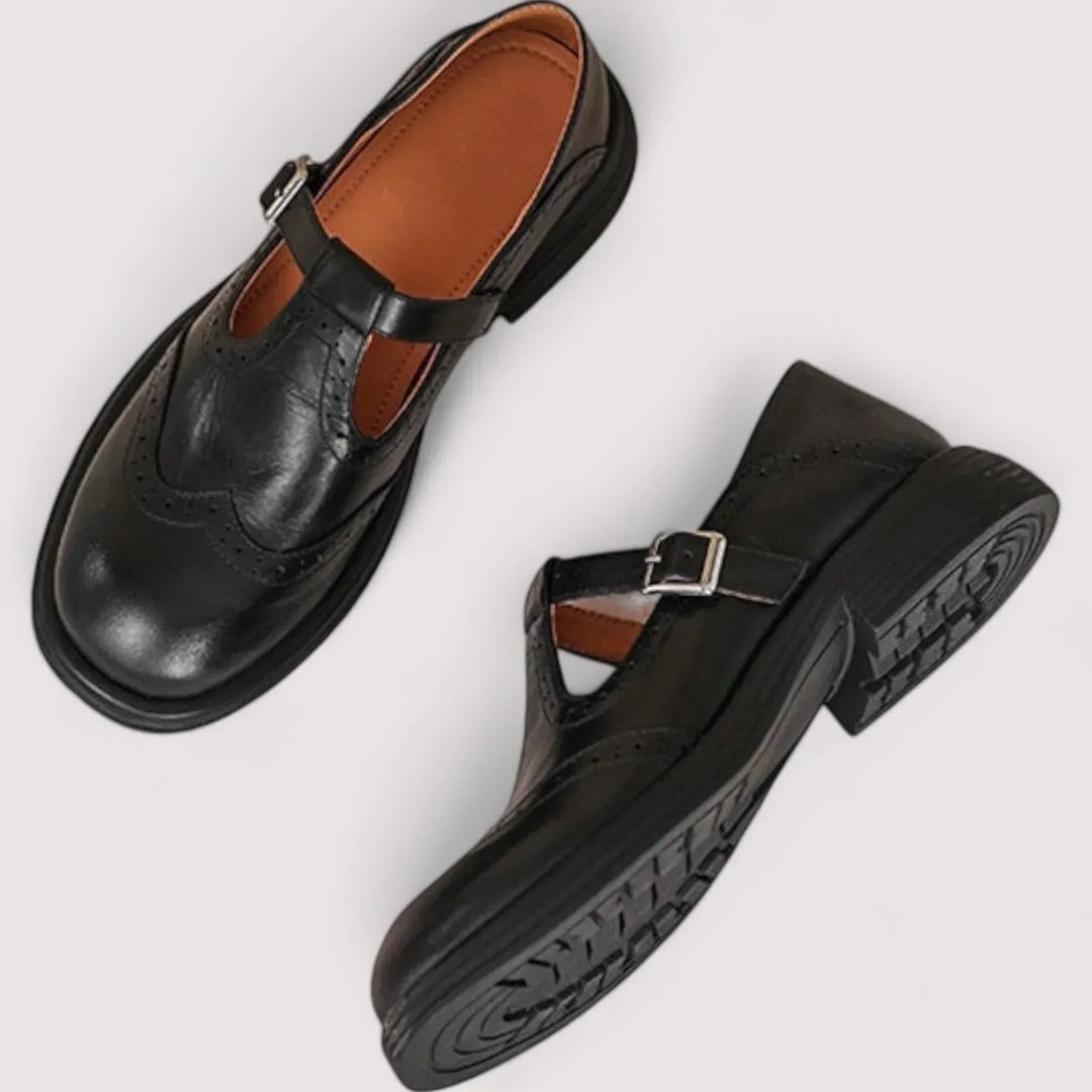 Calistoga | Women’s Buckle Strap Round Toe Brogue Detail Mary Jane Shoes