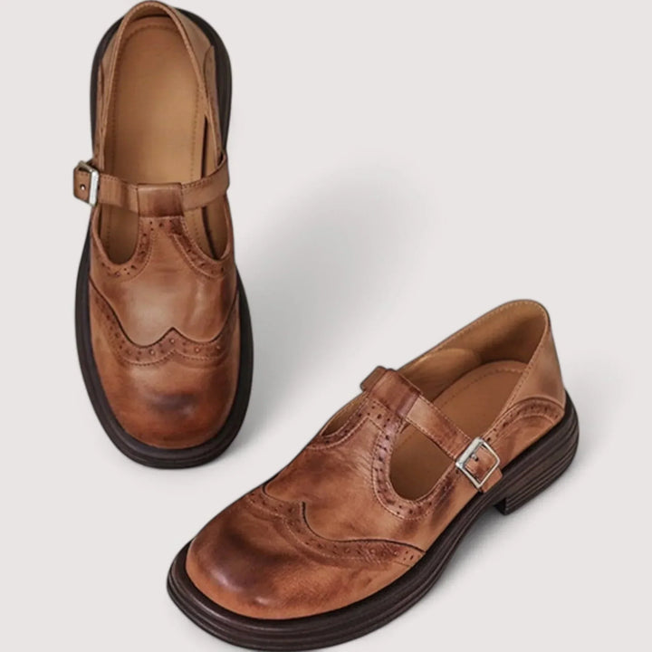 Calistoga | Women’s Buckle Strap Round Toe Brogue Detail Mary Jane Shoes