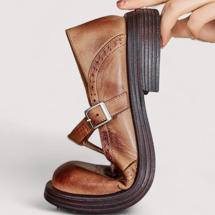 Calistoga | Women’s Buckle Strap Round Toe Brogue Detail Mary Jane Shoes
