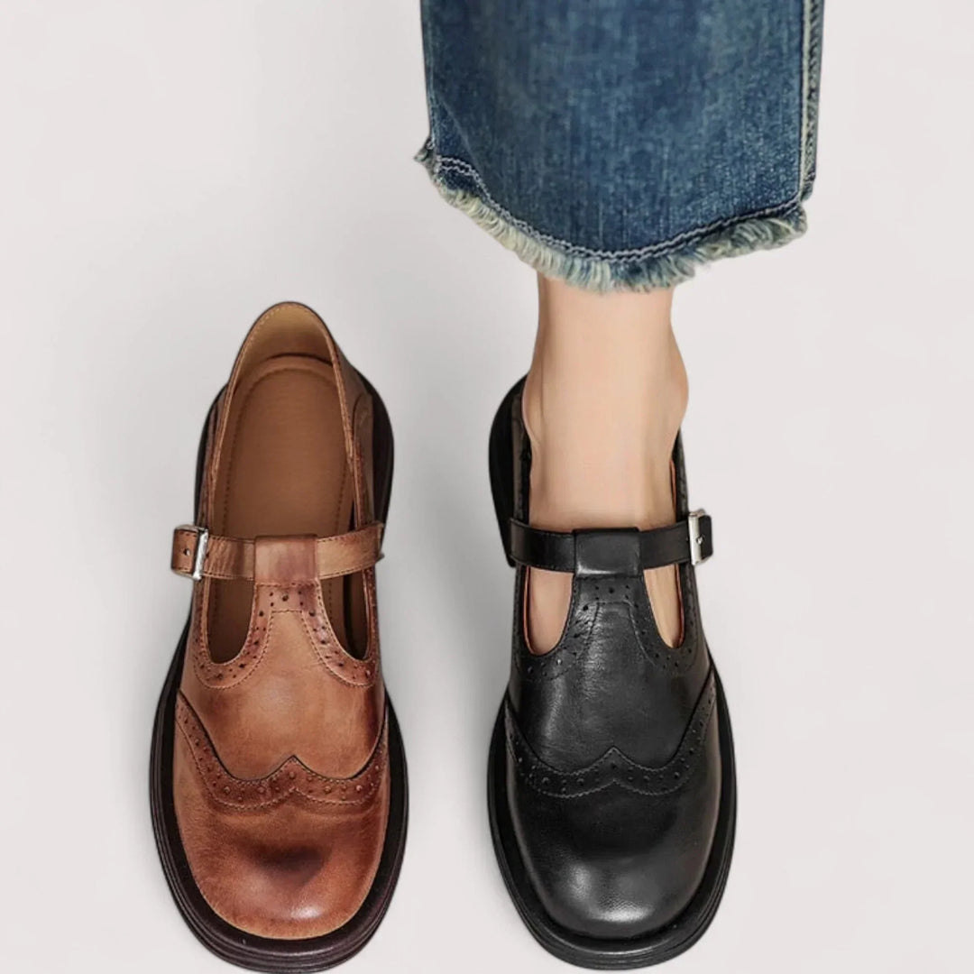 Calistoga | Women’s Buckle Strap Round Toe Brogue Detail Mary Jane Shoes