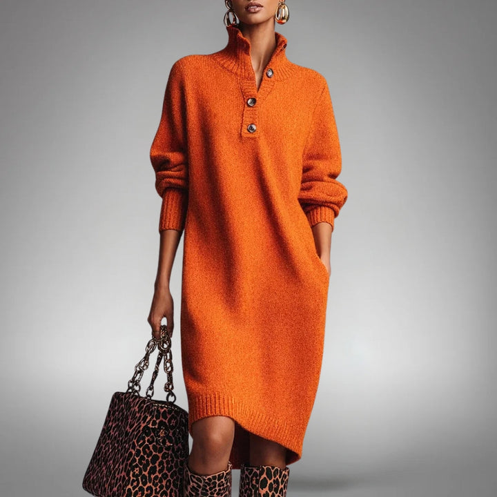 Front view of a knit midi dress with stand collar, button placket, long sleeves and knee-length hem, orange
