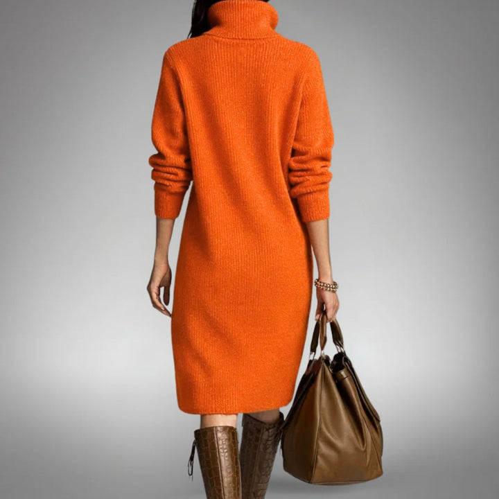 Back view of the midi dress with stand collar, long sleeves and knee-length hem