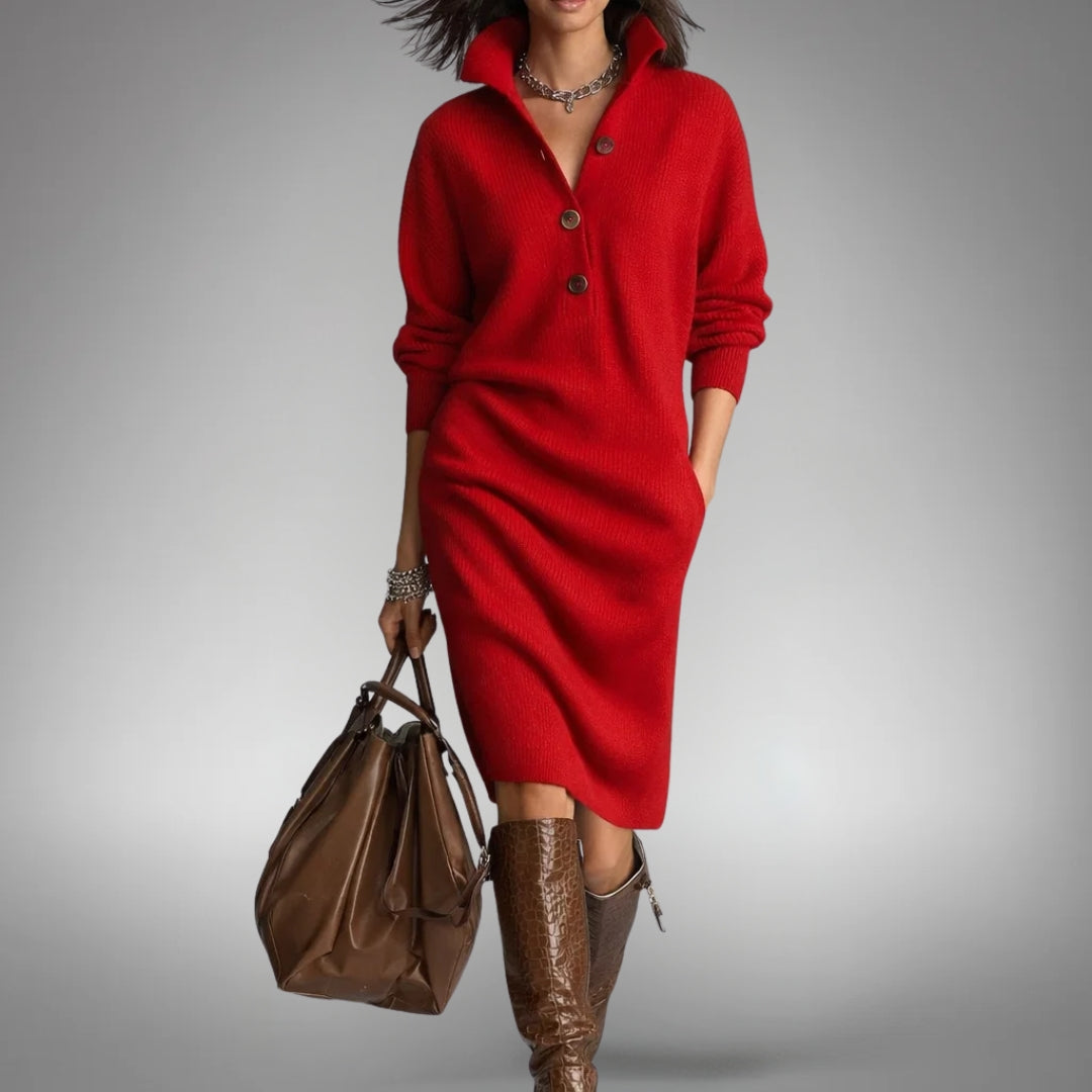 Front view showing stand collar, button placket, long sleeves and side pocket, red