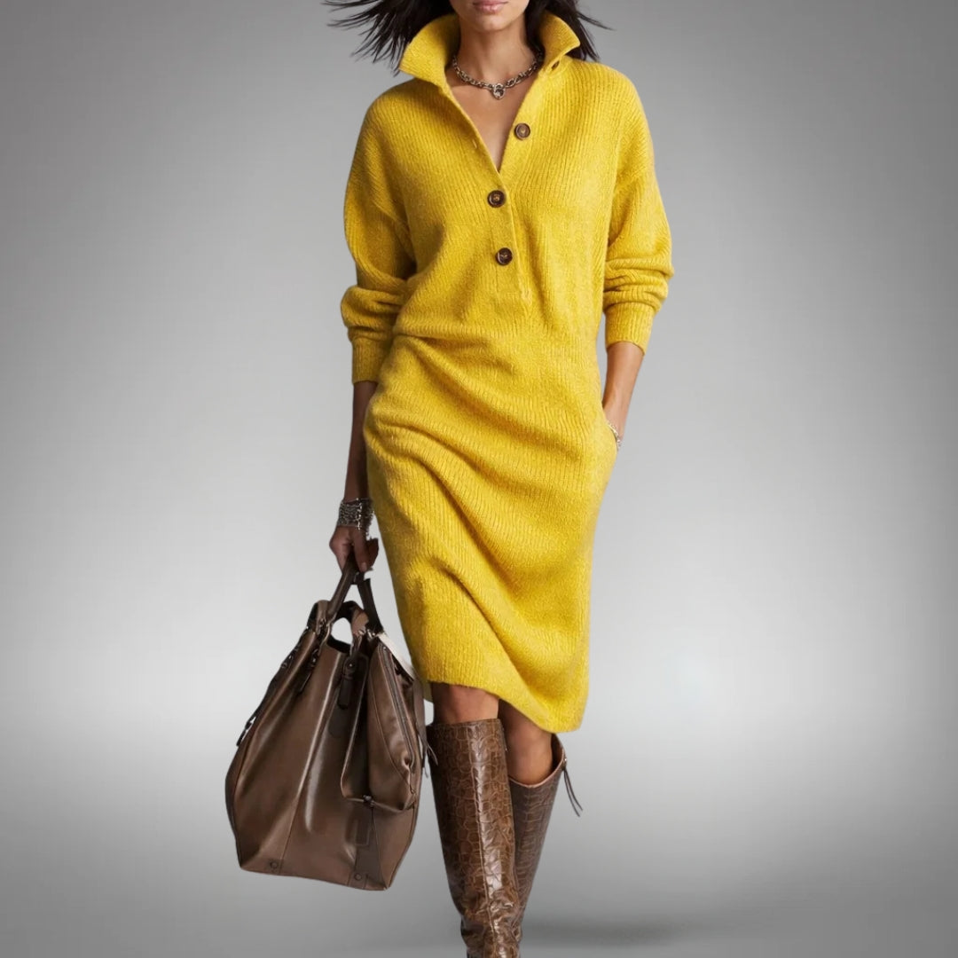 Front view with stand collar, button placket, long sleeves and side pocket, yellow