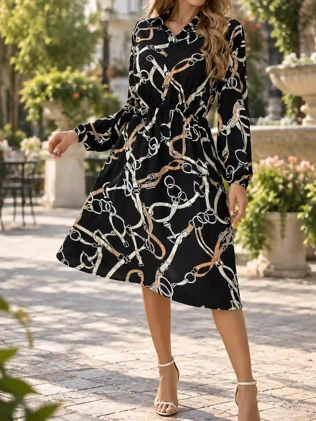 Rocklin | Women’s Chain Print Button-Front Shirt Dress