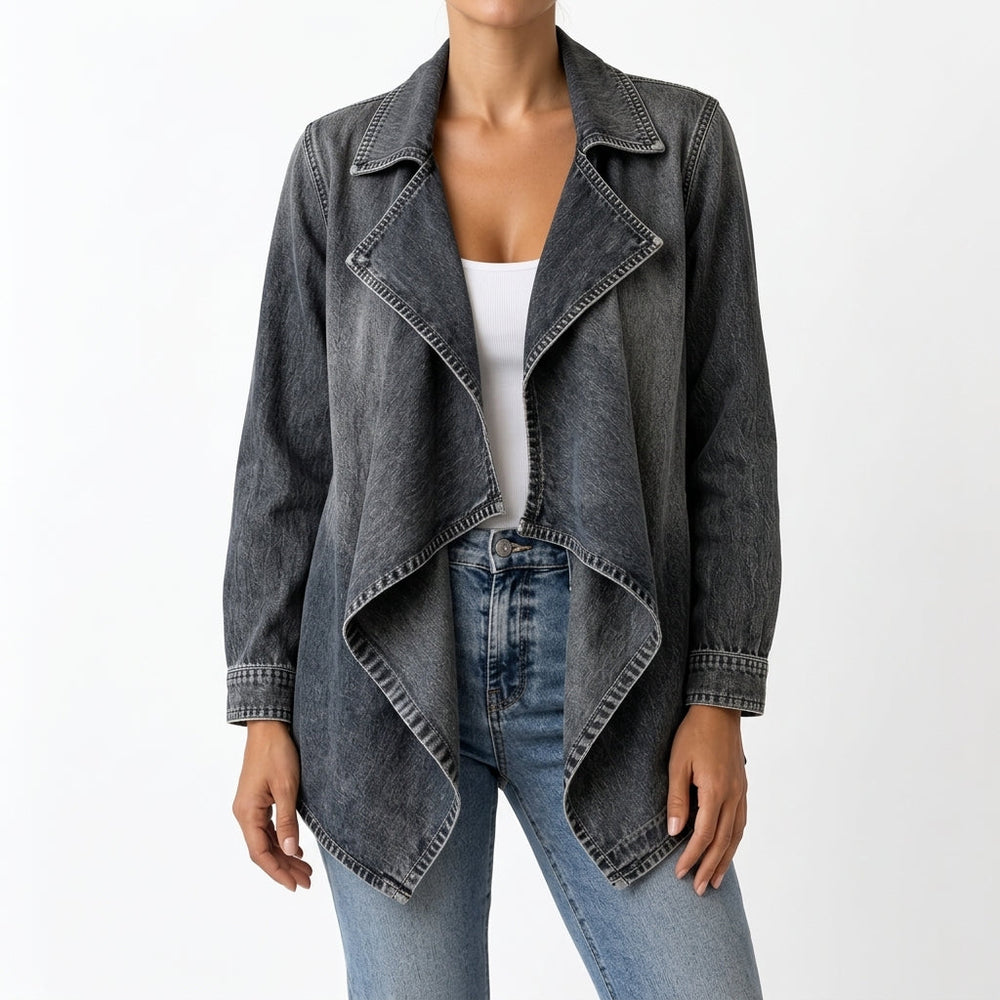 Front view of wide flat collar and draped waterfall front with pointed hem, washed black