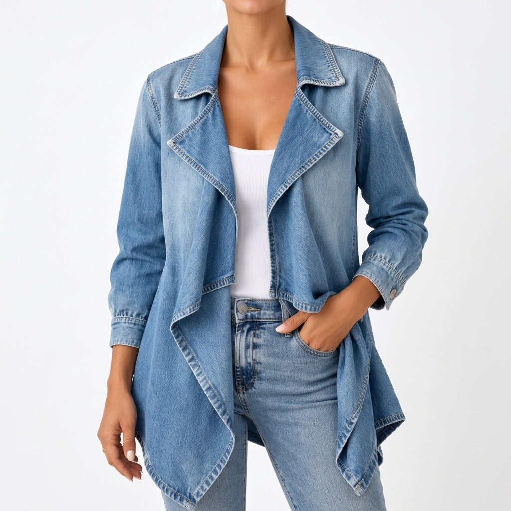 Front view of open front and long sleeves with buttoned cuffs, light wash