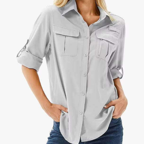 Idyllwild | Women’s Collared Button-Front Chest-Pocket Long Sleeve Shirt