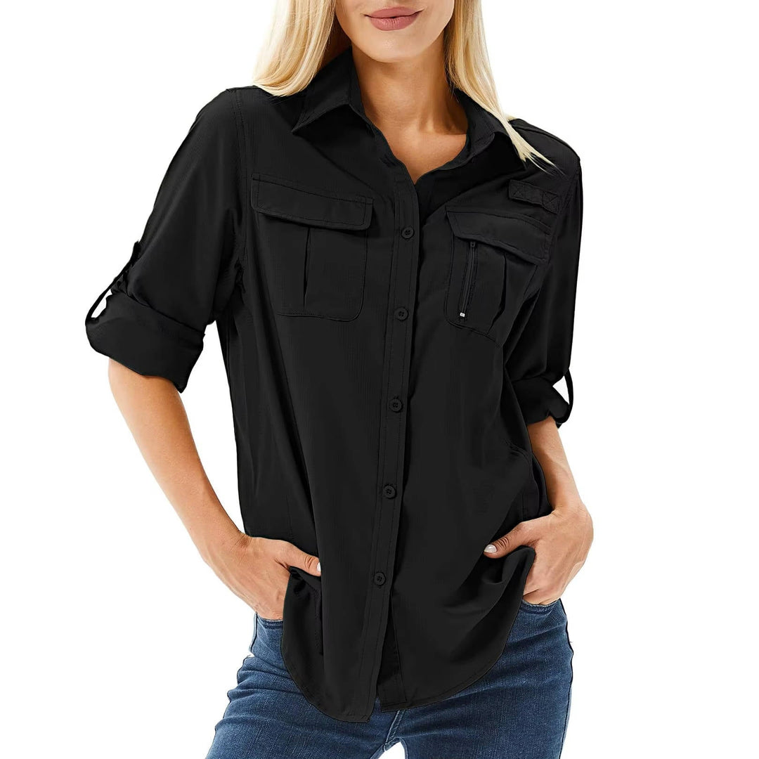 Idyllwild | Women’s Collared Button-Front Chest-Pocket Long Sleeve Shirt