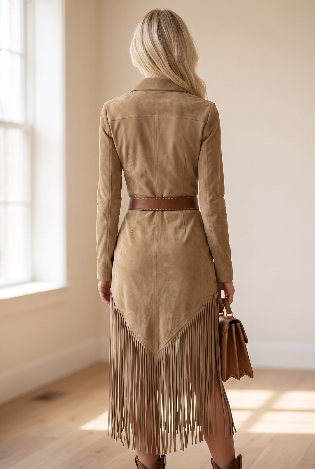 Back view showing back bodice, belt and fringe hem