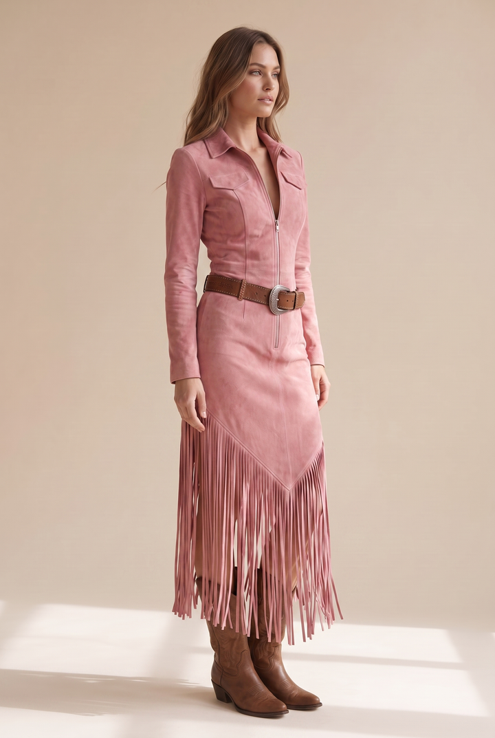 Side view showing bodice, belt and fringe skirt