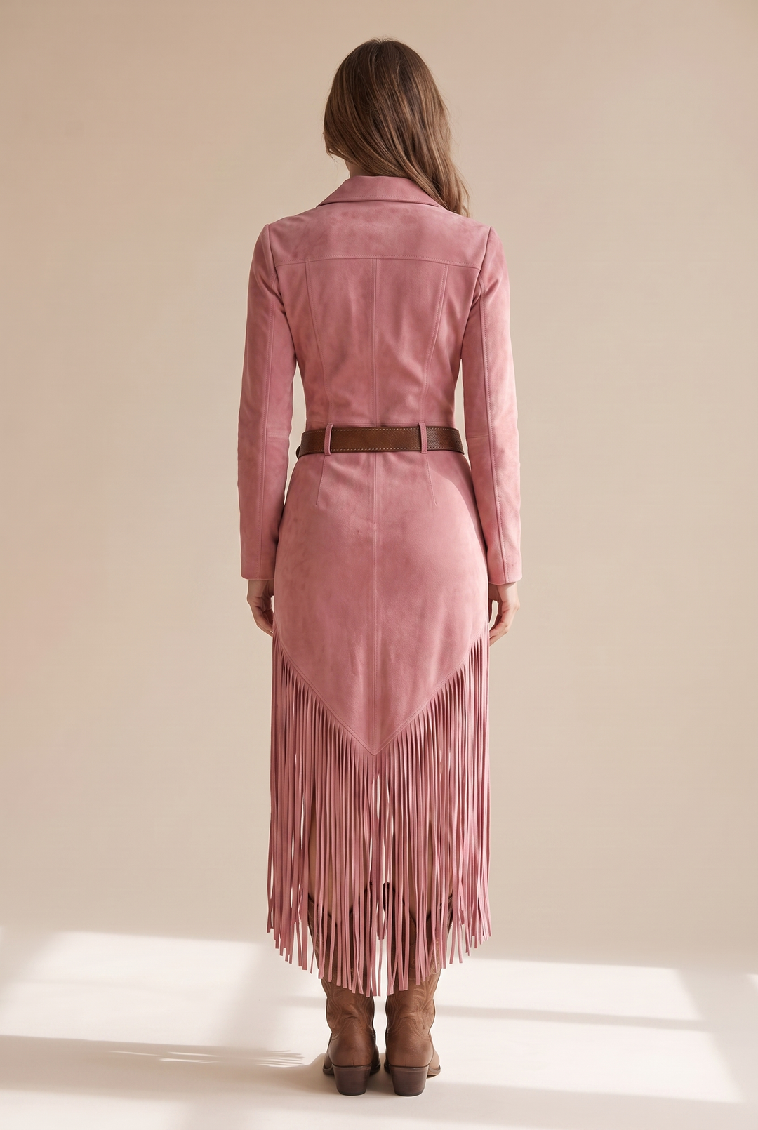 Back view showing back bodice and fringe hem
