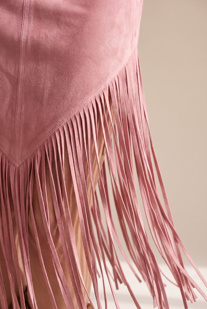 Detail view of skirt panel and fringe