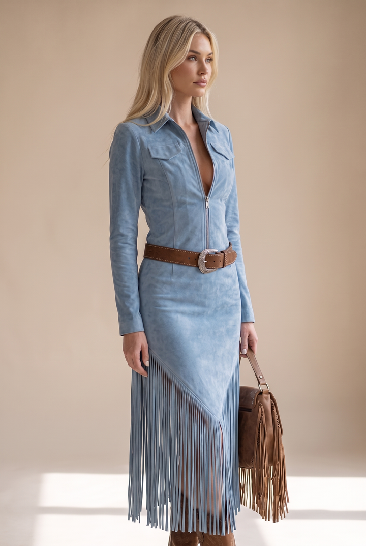 Side view showing bodice, belt and fringe skirt