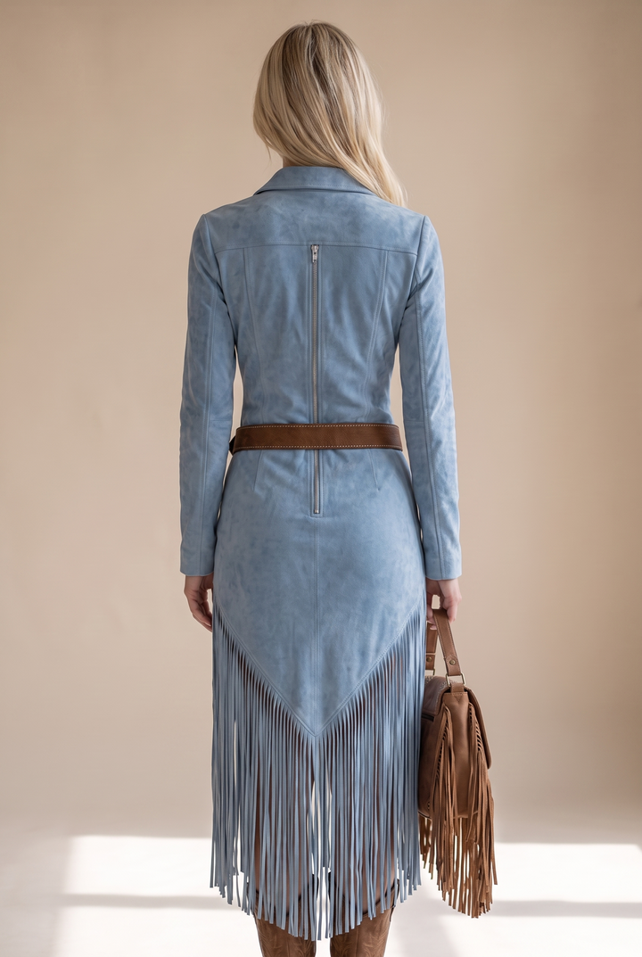 Back view showing back zipper, belt and fringe hem