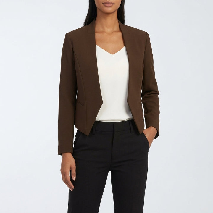 Front view of collarless open front and angled lapels, brown