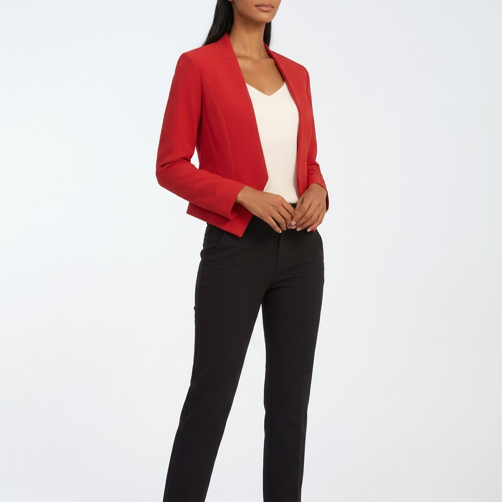 Side view of the blazer and long sleeve, red