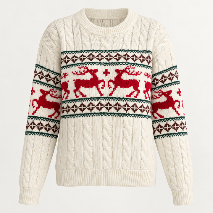 Front view of round neckline, reindeer bands and ribbed hem