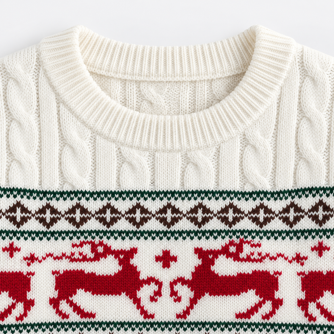 Detail view of ribbed round neckline and reindeer band