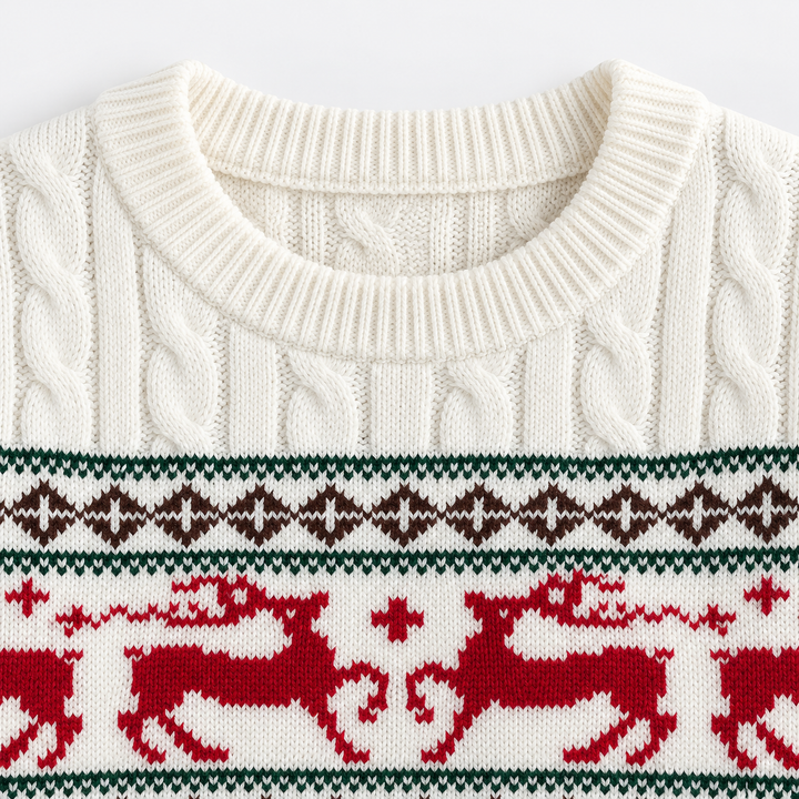 Detail view of ribbed round neckline and reindeer band