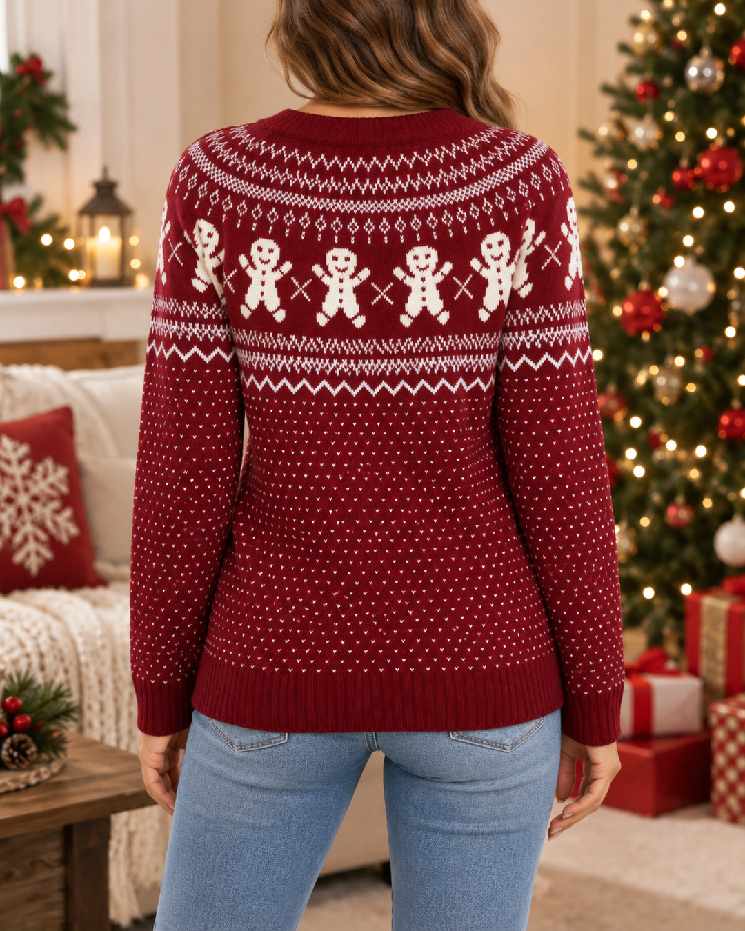 Back view of round neckline, gingerbread motifs and ribbed hem