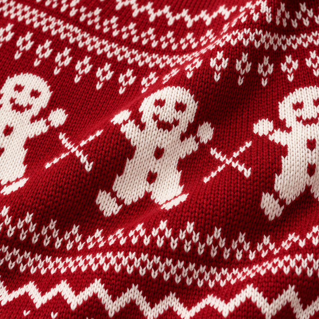 Detail view of the knit surface with gingerbread motifs