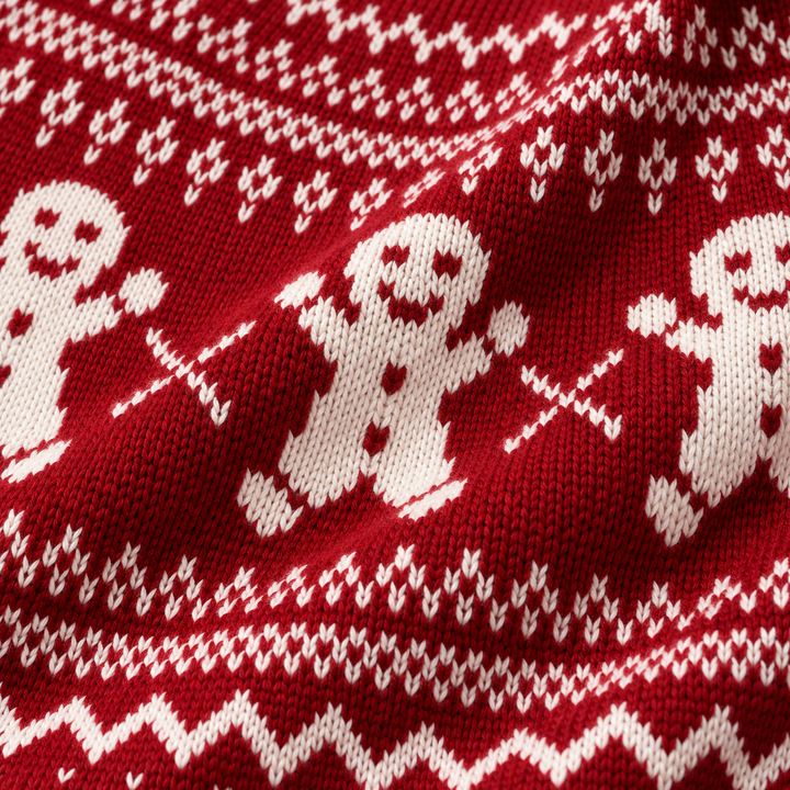 Detail view of the knit surface with gingerbread motifs