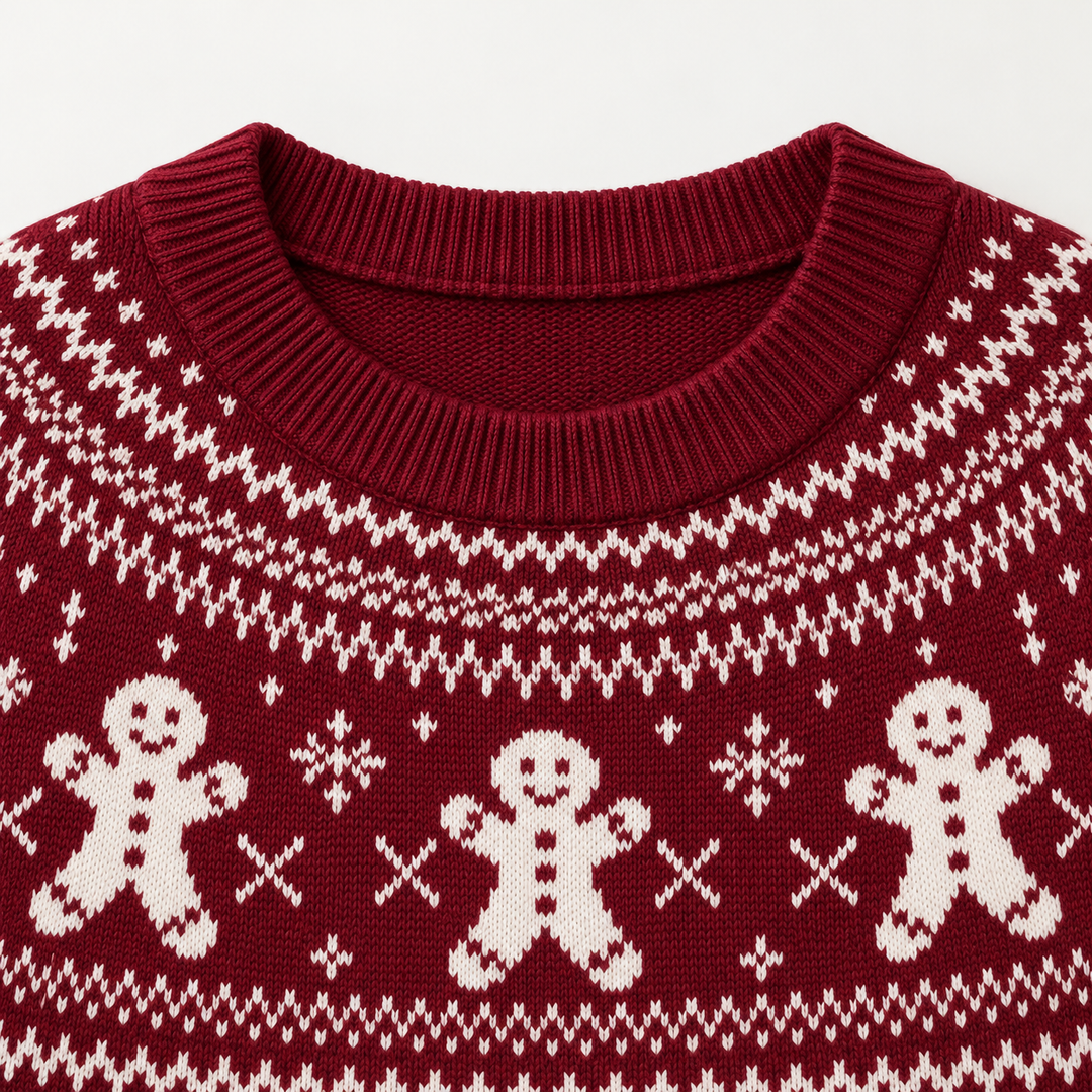Detail view of ribbed round neckline and gingerbread motifs