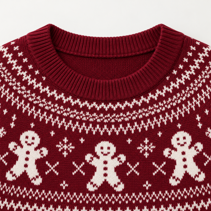 Detail view of ribbed round neckline and gingerbread motifs