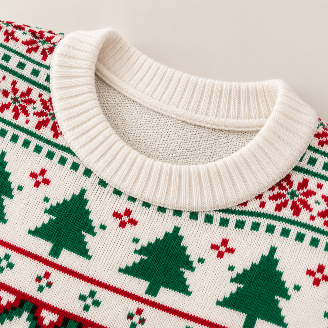 Close-up of ribbed round neckline and jacquard body