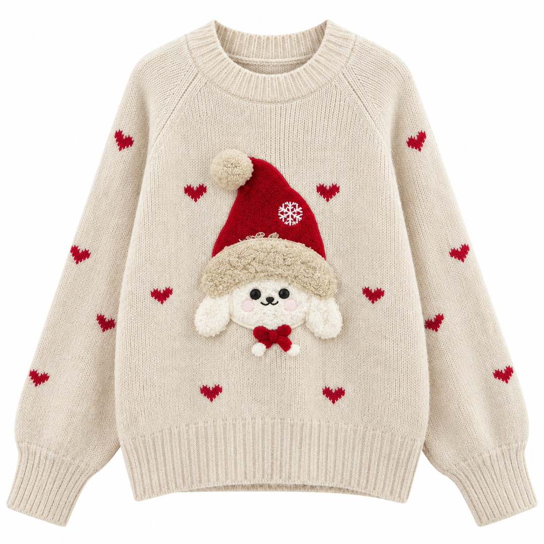 Front view showing round neckline, raglan shoulder seams, dog applique and heart motifs