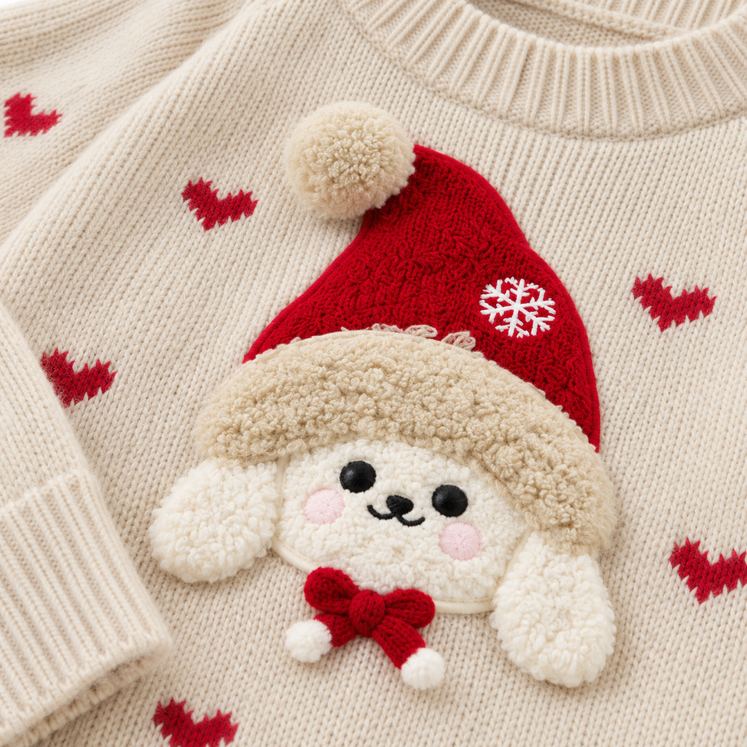 Close-up of the dog applique with hat and heart motifs
