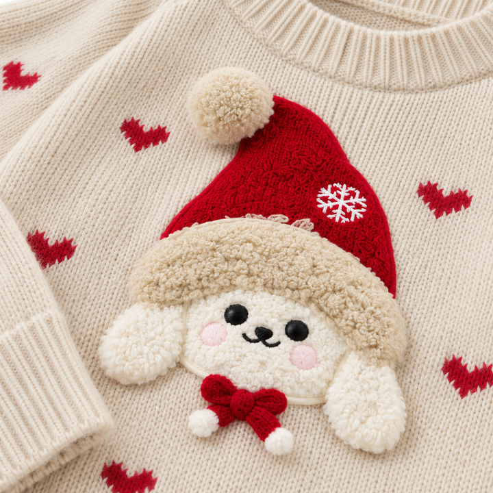Close-up of the dog applique with hat and heart motifs