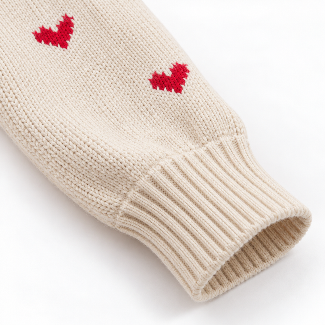 Close-up of a banded cuff and heart motifs on the sleeve