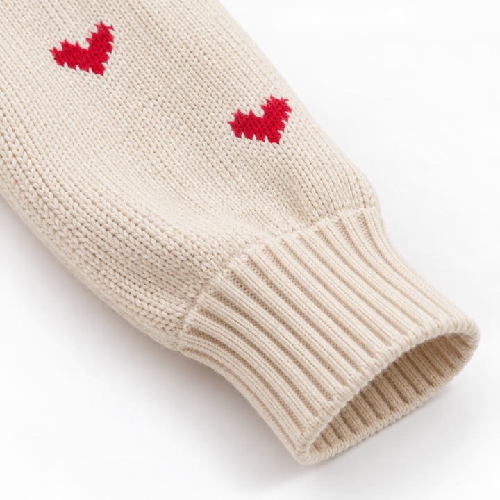 Close-up of a banded cuff and heart motifs on the sleeve