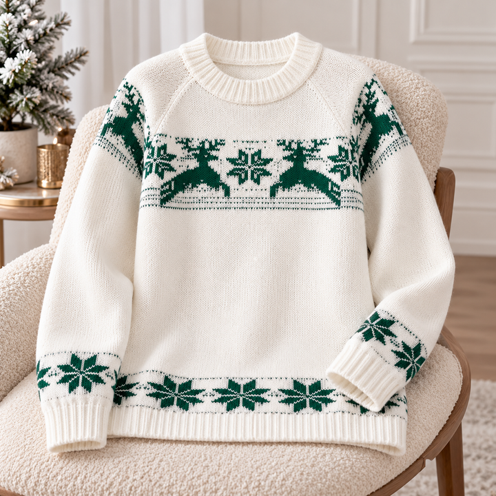 Detail view of ribbed neckline, reindeer jacquard and ribbed hem laid flat, green