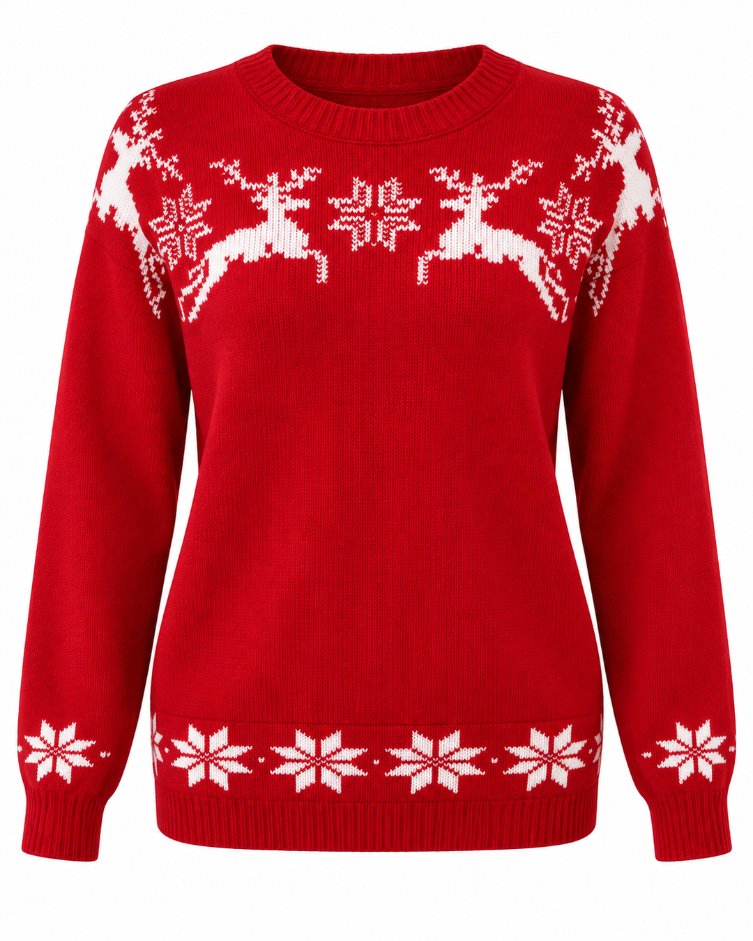 Flat lay view with round neckline, long sleeves and snowflake hem band, red