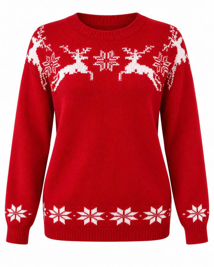 Flat lay view with round neckline, long sleeves and snowflake hem band, red