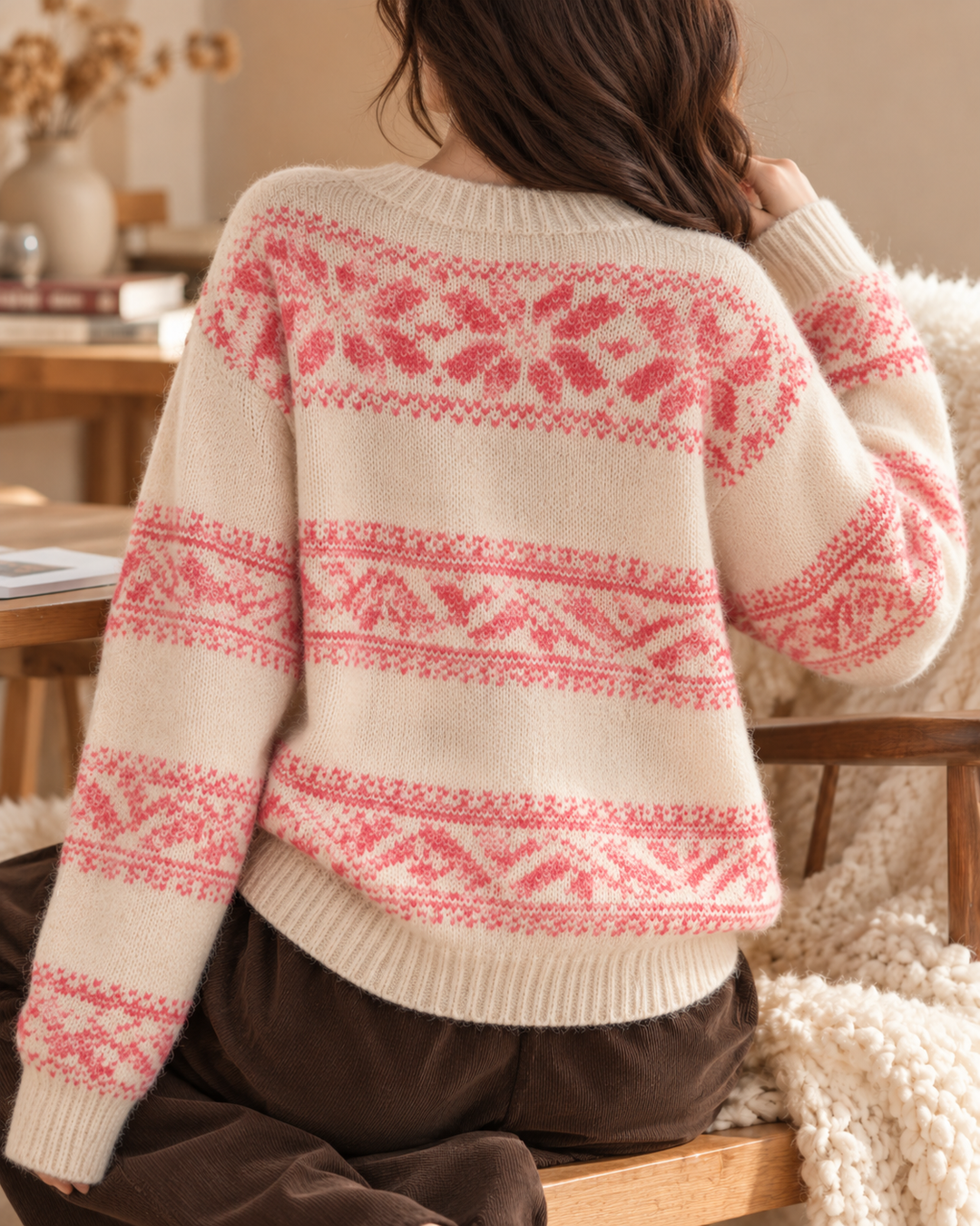 Back view showing jacquard pattern and ribbed hem