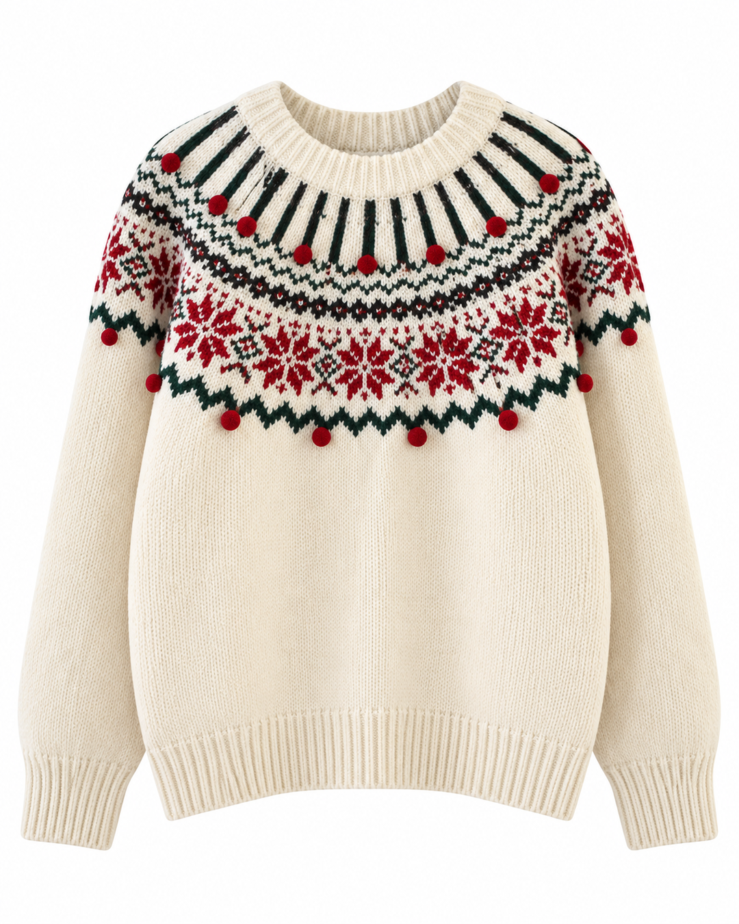 Flat lay of crew neckline, jacquard yoke with pom-poms, long sleeves and ribbed hem, ivory
