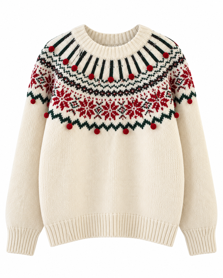 Flat lay of crew neckline, jacquard yoke with pom-poms, long sleeves and ribbed hem, ivory