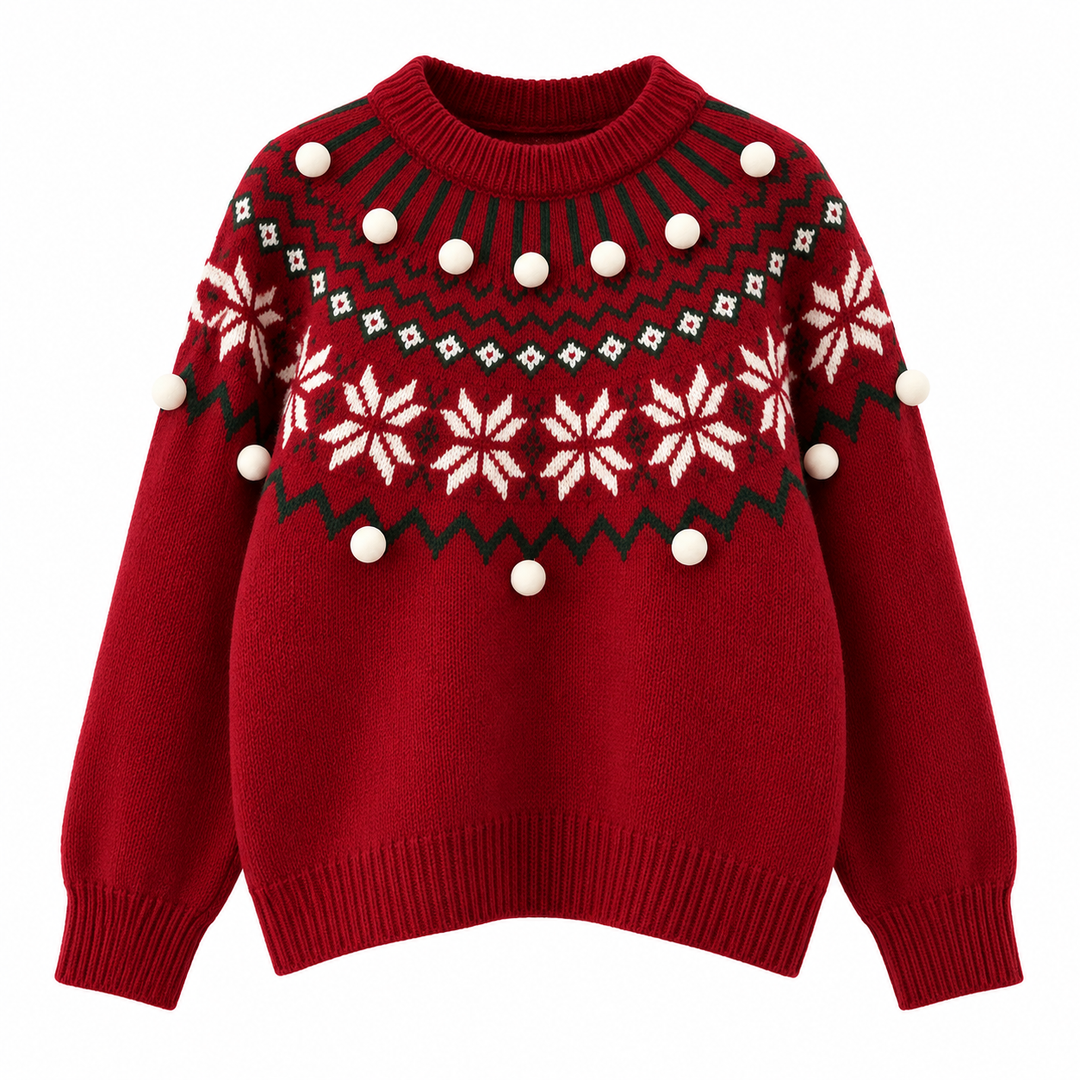 Flat lay of crew neckline, jacquard yoke with pom-poms, long sleeves and ribbed hem, red