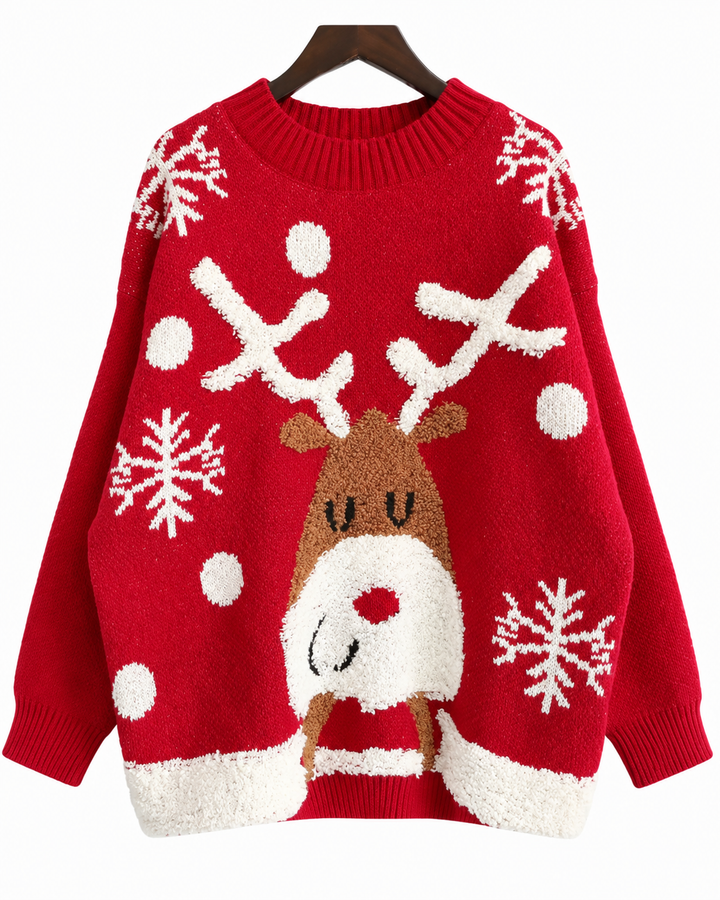 Flat lay view showing round neckline, sleeves and reindeer motif