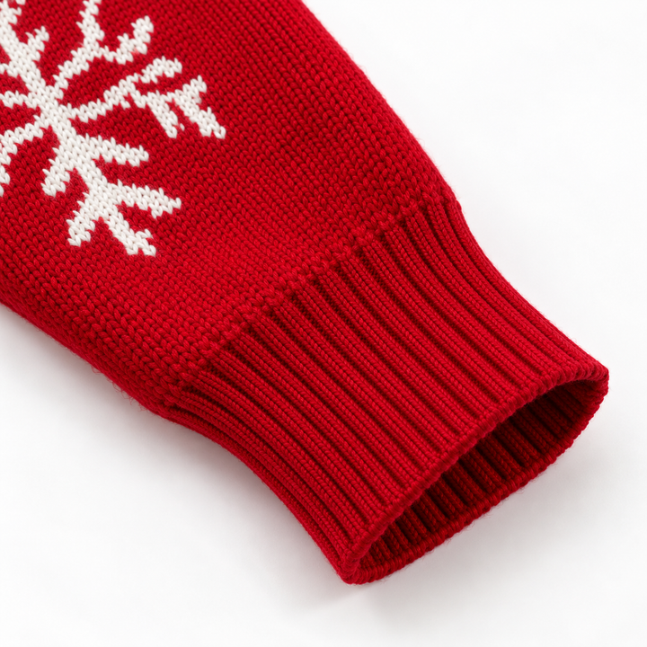 Detail view of ribbed cuff and snowflake motif