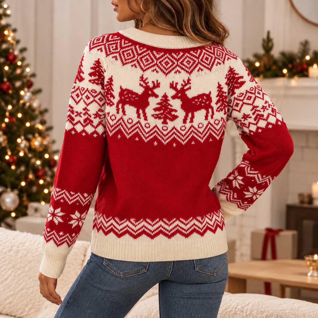 Back view with reindeer motifs and ribbed hem
