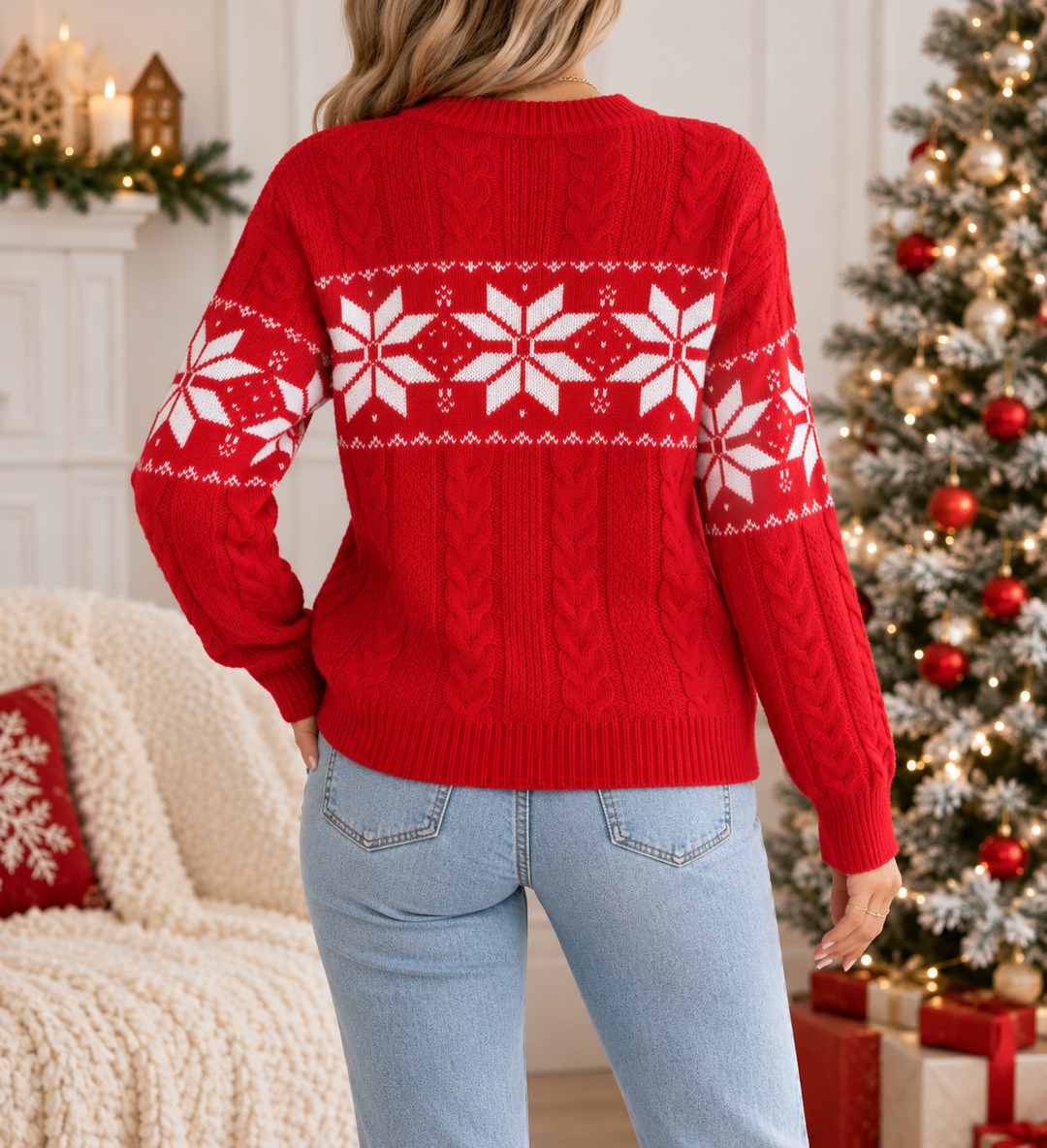 Back view of round neckline, long sleeves and snowflake pattern across back and sleeves