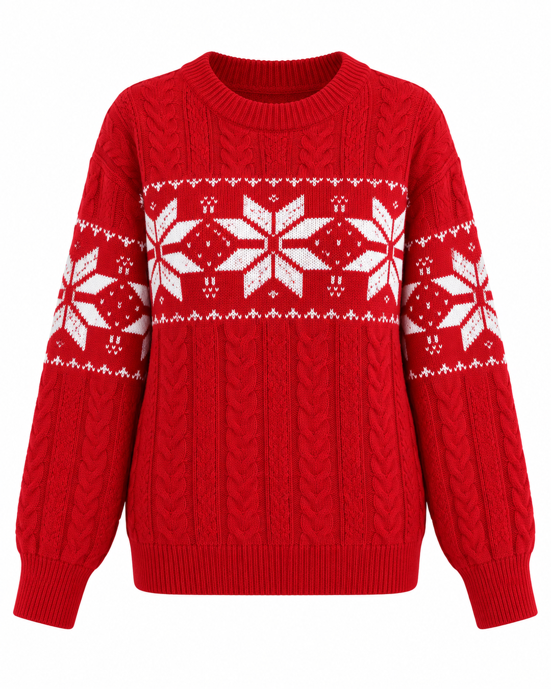 Front view of round neckline, cable-knit bodice, snowflake pattern and ribbed hem, red